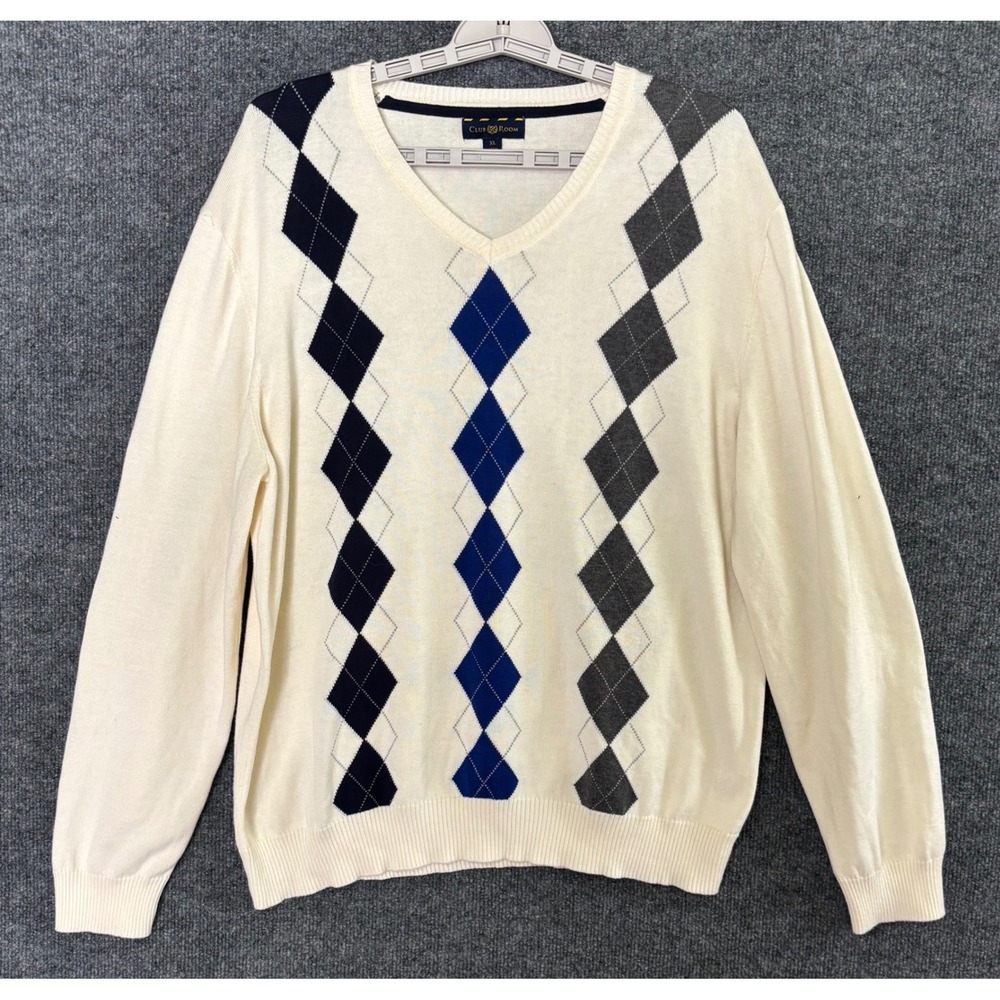 Club Room‎ Mens Argyle V Neck Sweater Cream Blue Gray XL Cotton Long Sleeve